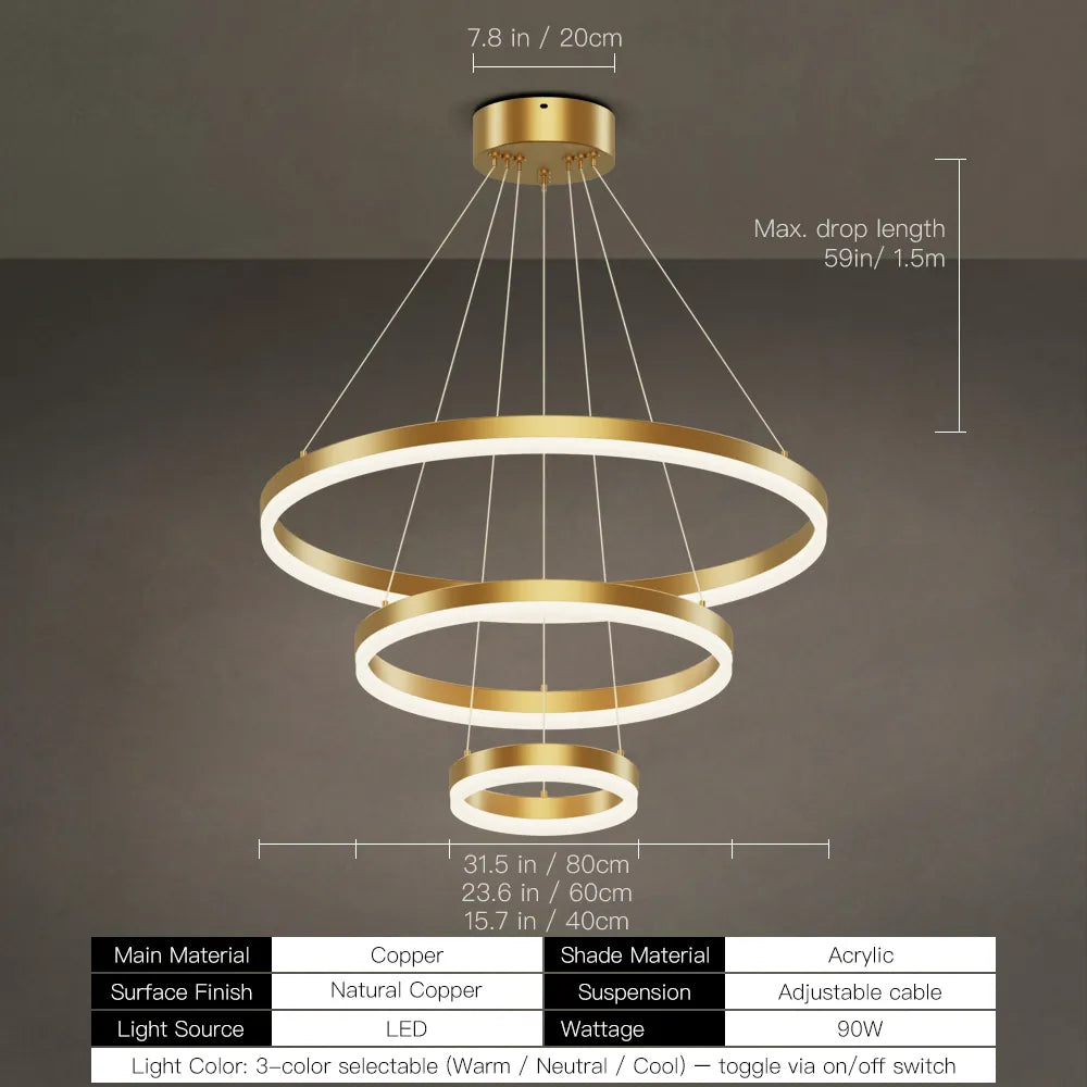 Gold 3-tier LED ring chandelier size chart with 60W, 90W, 120W, 150W and 59 inch max drop