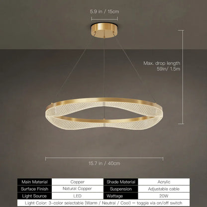 Gold Ring Chandelier with Acrylic LED Diffuser for Dining Room