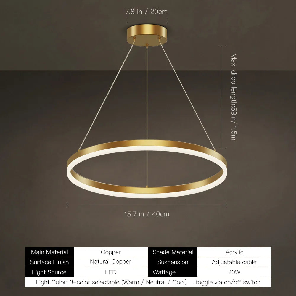 Modern Gold LED Ring Chandelier, 3CCT Adjustable Pendant | Hushwing