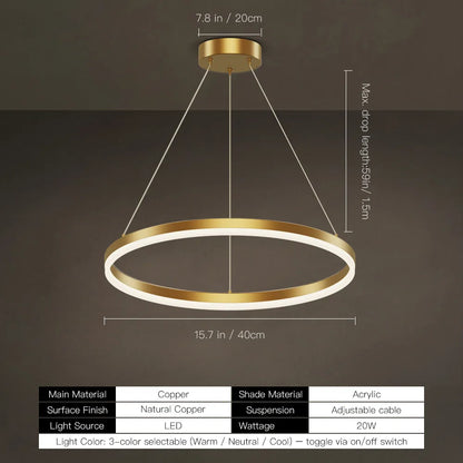 Modern Gold LED Ring Chandelier, 3CCT Adjustable Pendant | Hushwing