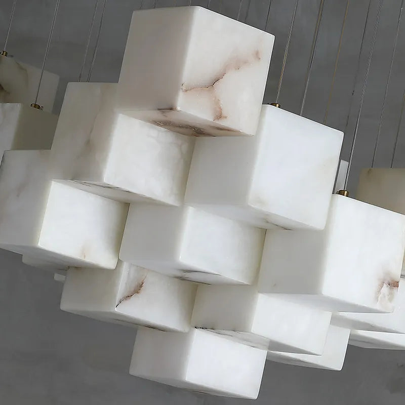 Natural Alabaster Pendant Light | Luxury Spiral Cube Chandelier