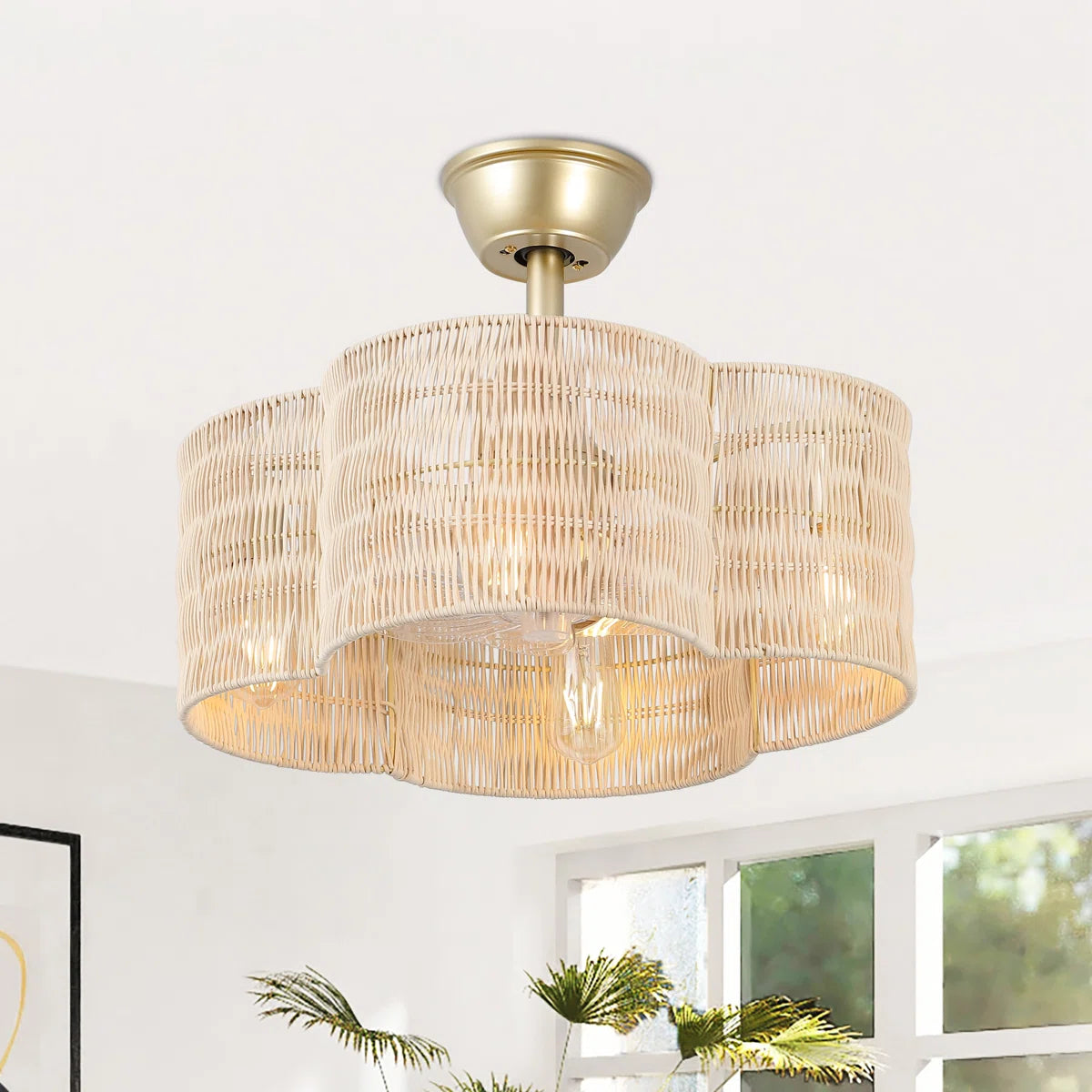 Rattan Fandelier with Light | Flower Shaped Boho Ceiling Fan
