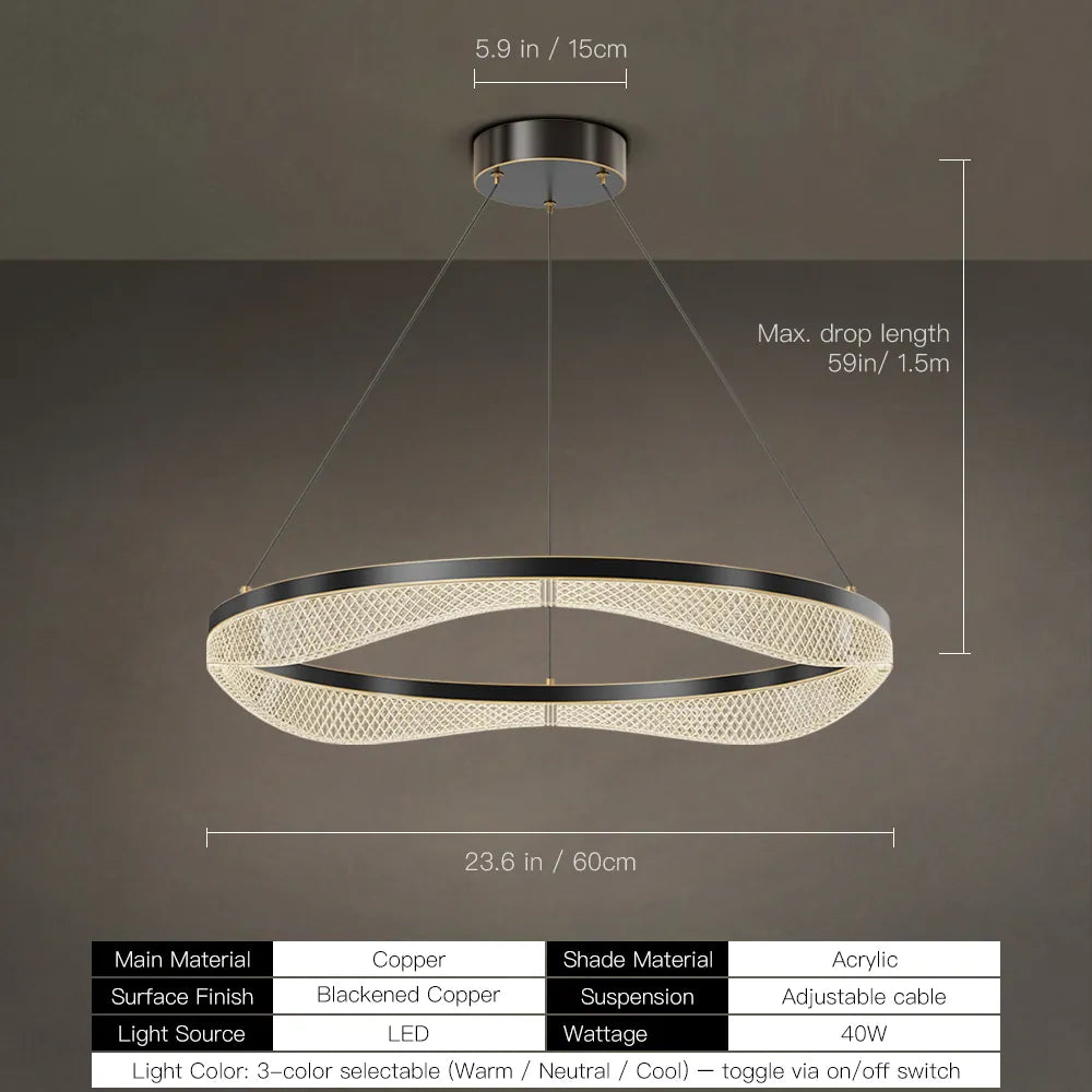 23.6 inch LED ring chandelier, 40W, copper frame and acrylic shade