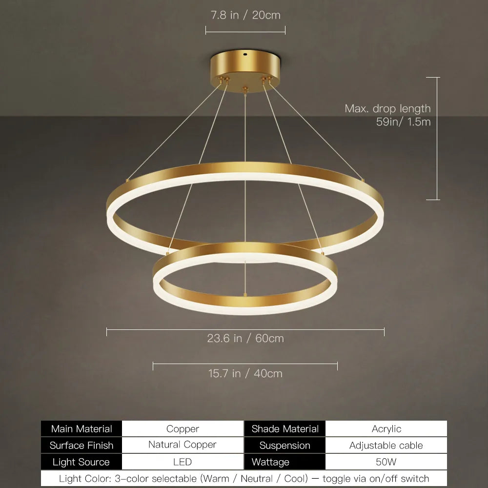 Copper acrylic ring chandelier with adjustable cables and warm LED glow