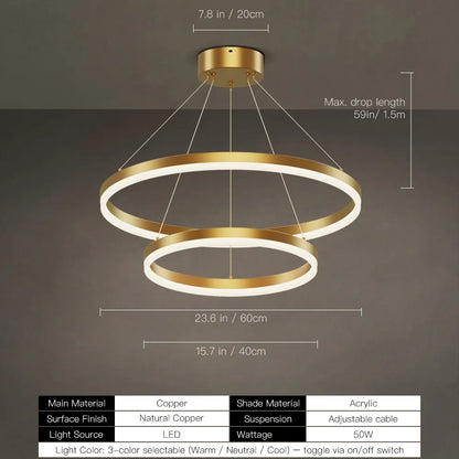 Copper acrylic ring chandelier with adjustable cables and warm LED glow