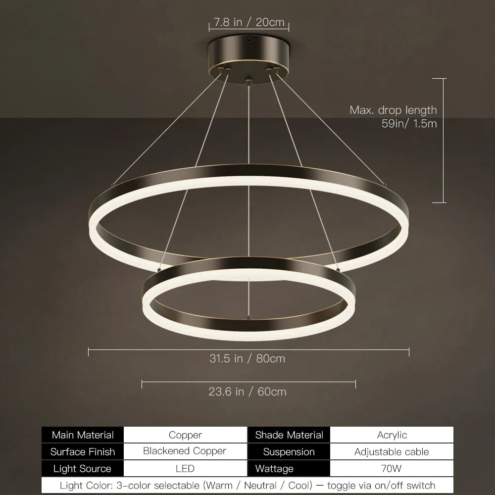 Blackened copper double ring LED chandelier size diagram, 80cm and 60cm rings