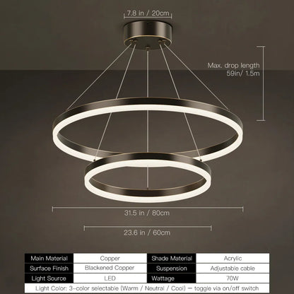 Blackened copper double ring LED chandelier size diagram, 80cm and 60cm rings