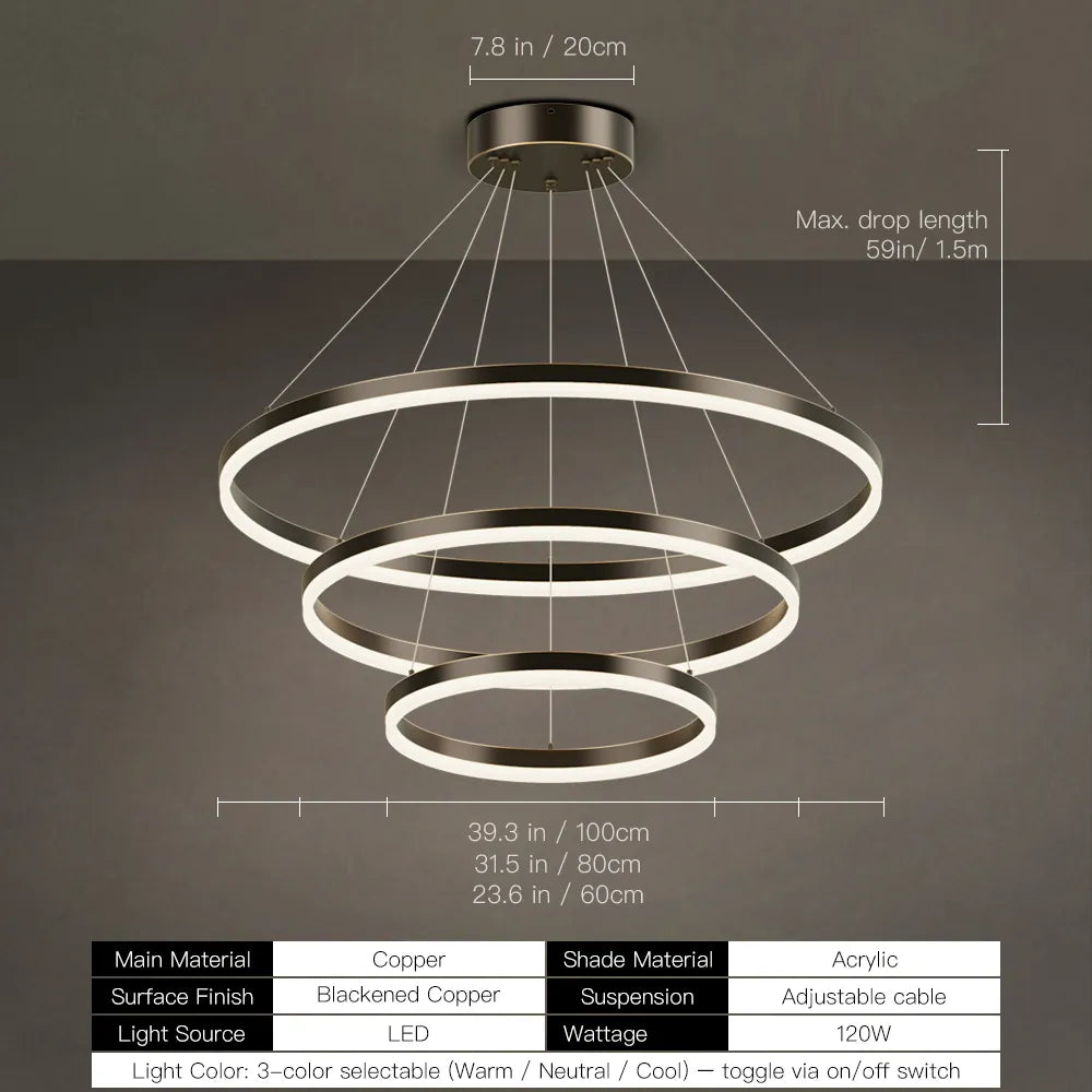 LED ring chandelier dimensions: 24, 32, 39, or 47 inch diameter with 59 inch max drop