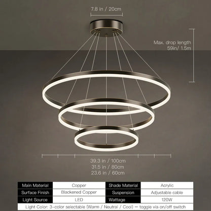 LED ring chandelier dimensions: 24, 32, 39, or 47 inch diameter with 59 inch max drop
