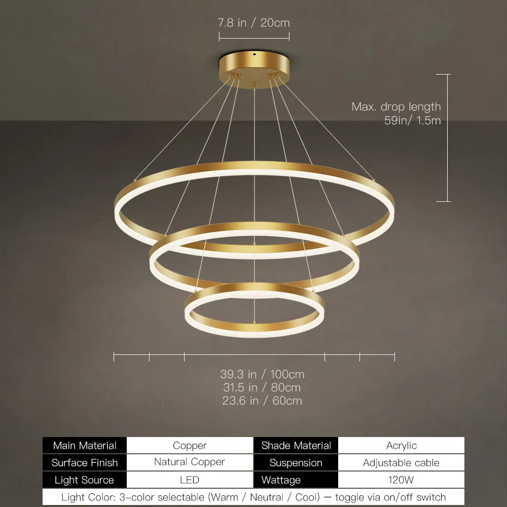 Gold 3-tier LED ring chandelier size chart with 60W, 90W, 120W, 150W and 59 inch max drop