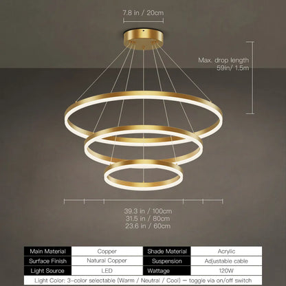 Gold 3-tier LED ring chandelier size chart with 60W, 90W, 120W, 150W and 59 inch max drop