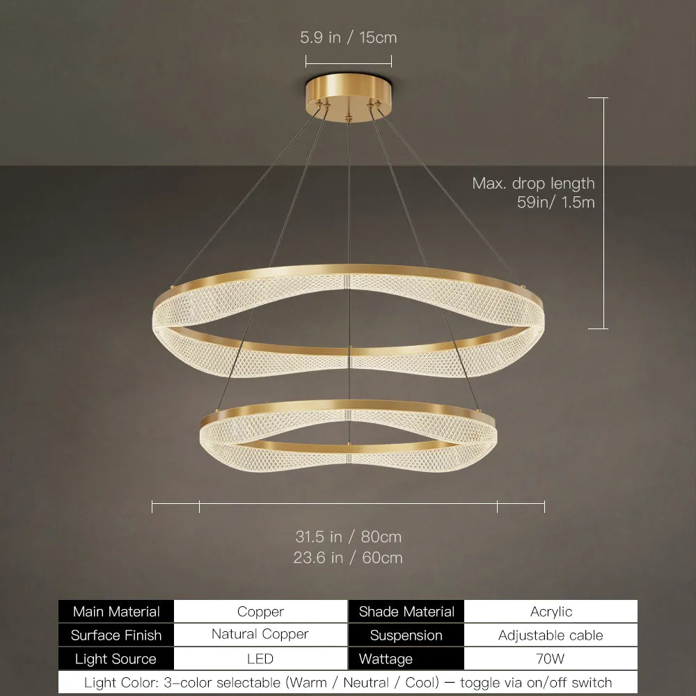 Two Tier Gold Chandelier with Acrylic LED Rings for Dining