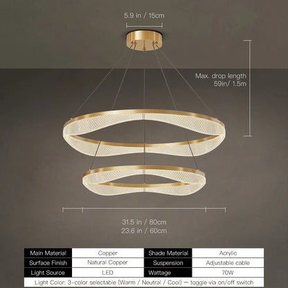 Two Tier Gold Chandelier with Acrylic LED Rings for Dining