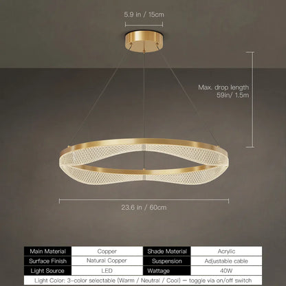 Gold Ring Chandelier with Acrylic LED Diffuser for Dining Room