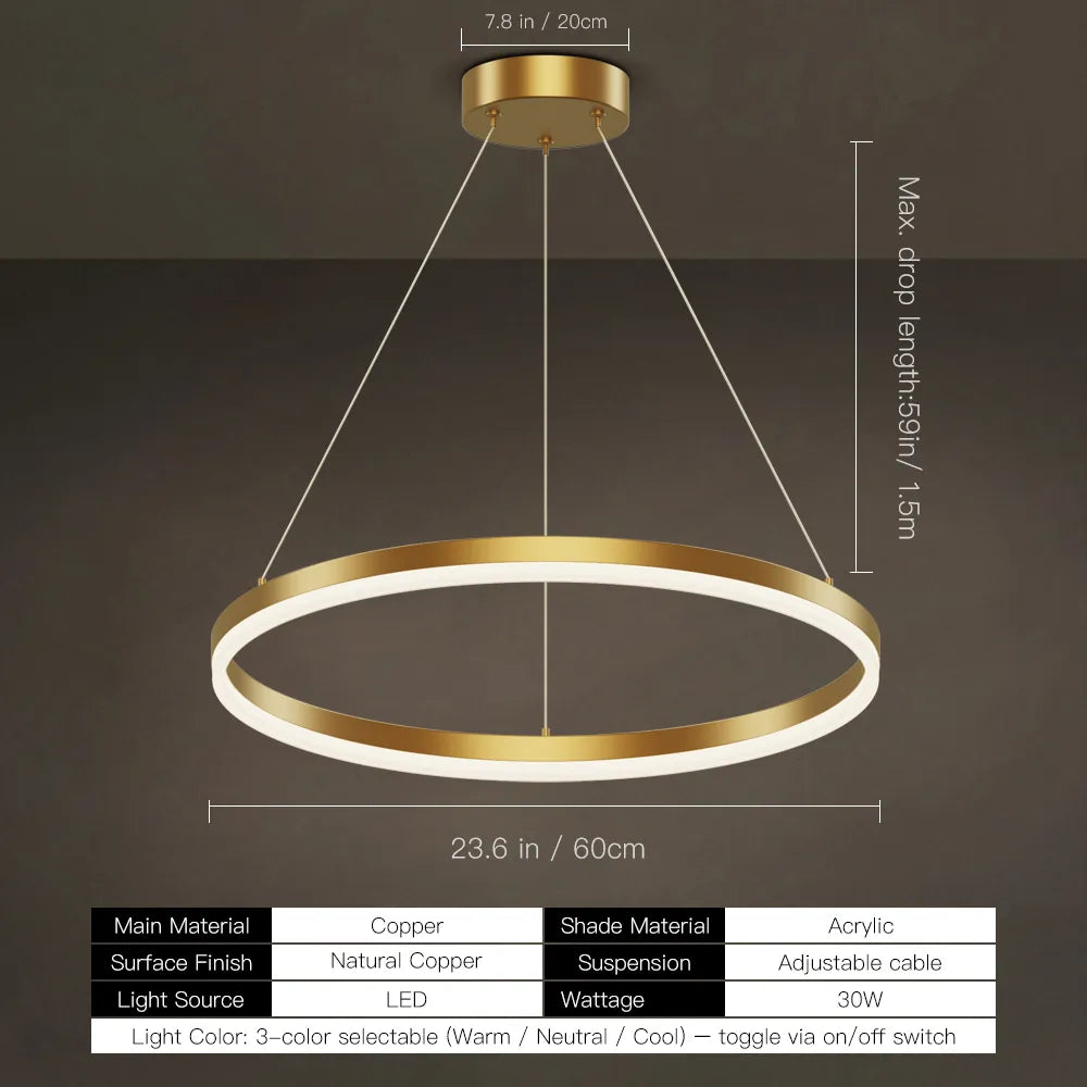 Modern Gold LED Ring Chandelier, 3CCT Adjustable Pendant | Hushwing