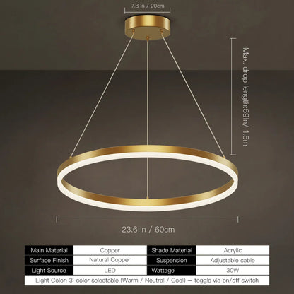 Modern Gold LED Ring Chandelier, 3CCT Adjustable Pendant | Hushwing