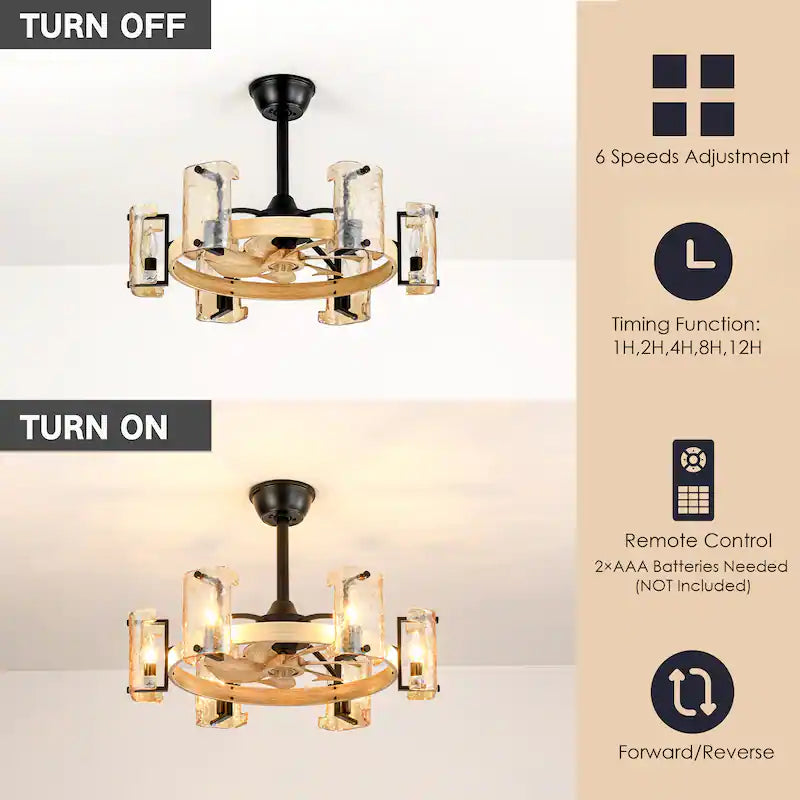 Rustic Farmhouse Wood Finish 6-Light Fandelier with Remote (26.4")