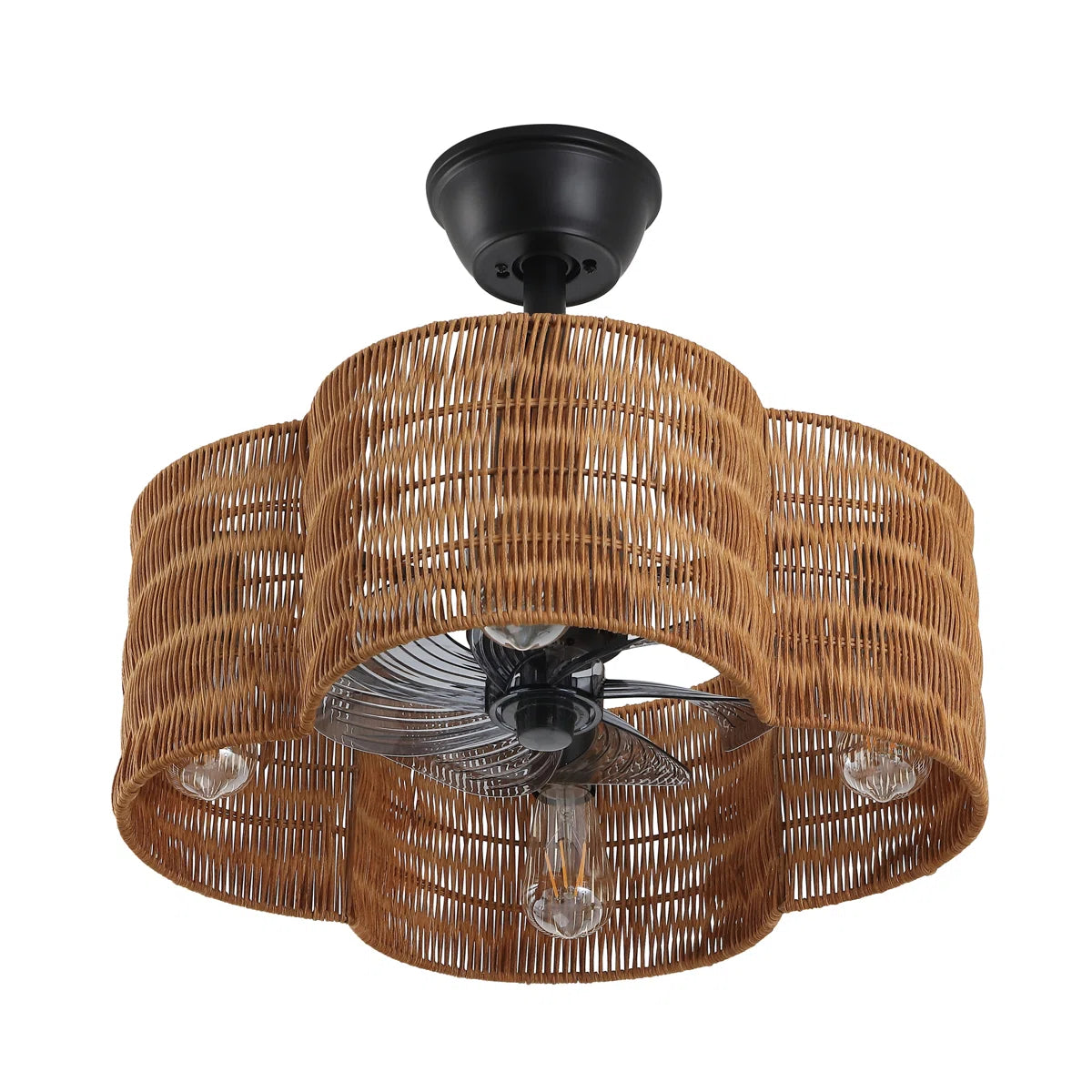 Rustic Rattan Fandelier with Light | Black Vintage Ceiling Fan