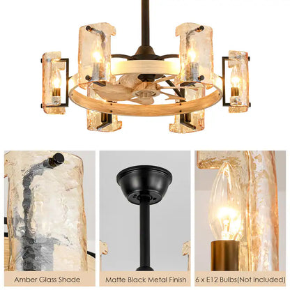 Rustic Farmhouse Wood Finish 6-Light Fandelier with Remote (26.4")