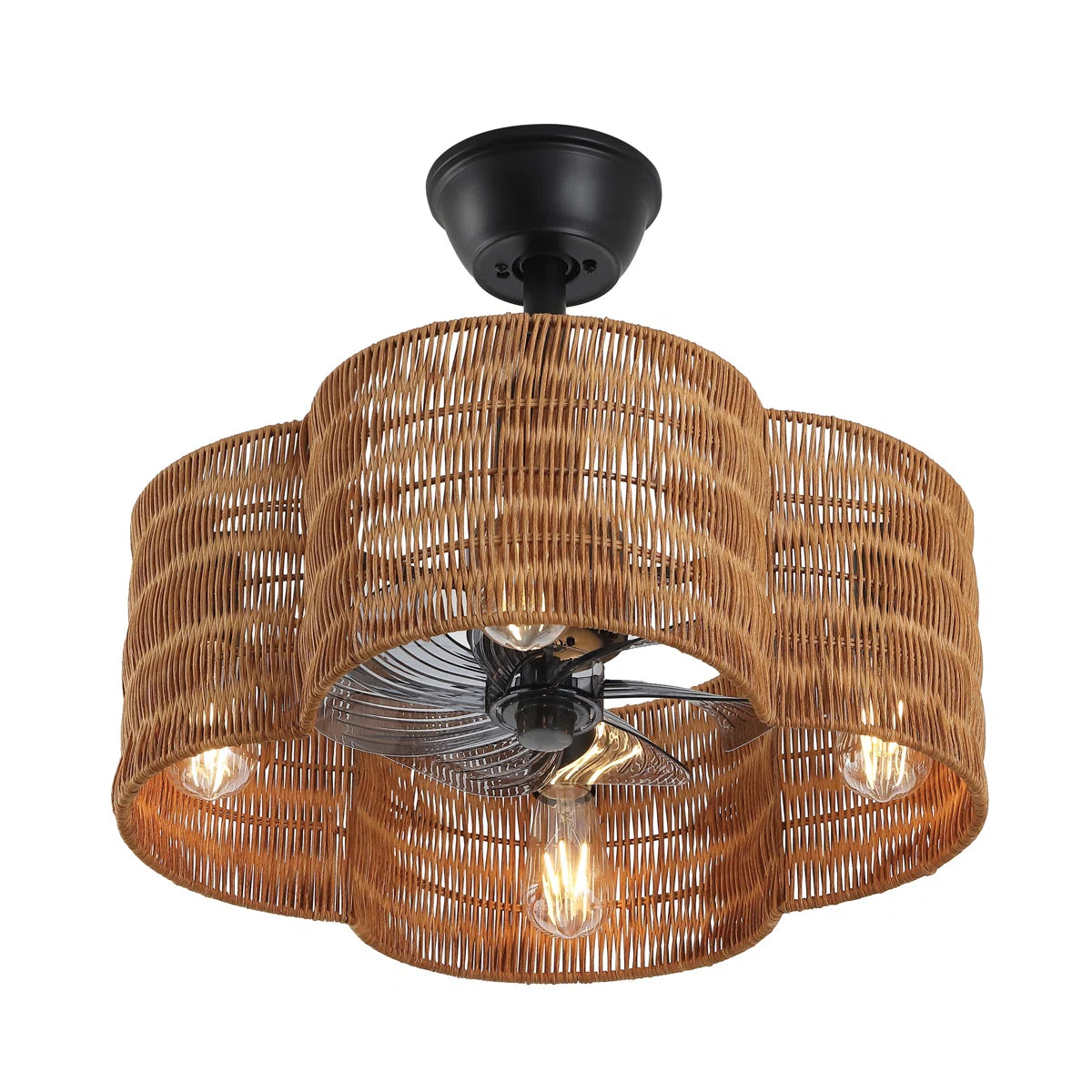 Rustic Rattan Fandelier with Light | Black Vintage Ceiling Fan