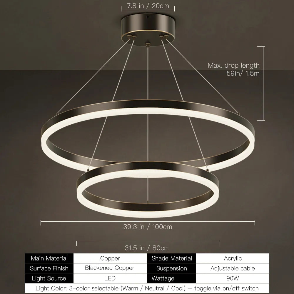 Blackened copper double ring LED chandelier size diagram, 100cm and 80cm rings