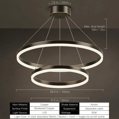 Blackened copper double ring LED chandelier size diagram, 100cm and 80cm rings