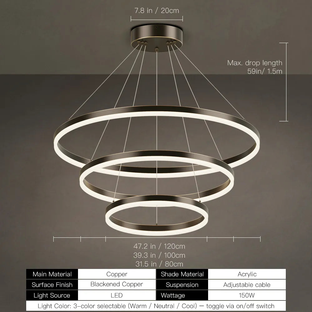 LED ring chandelier dimensions: 24, 32, 39, or 47 inch diameter with 59 inch max drop