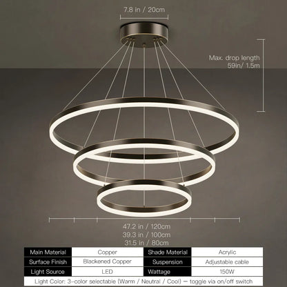 LED ring chandelier dimensions: 24, 32, 39, or 47 inch diameter with 59 inch max drop
