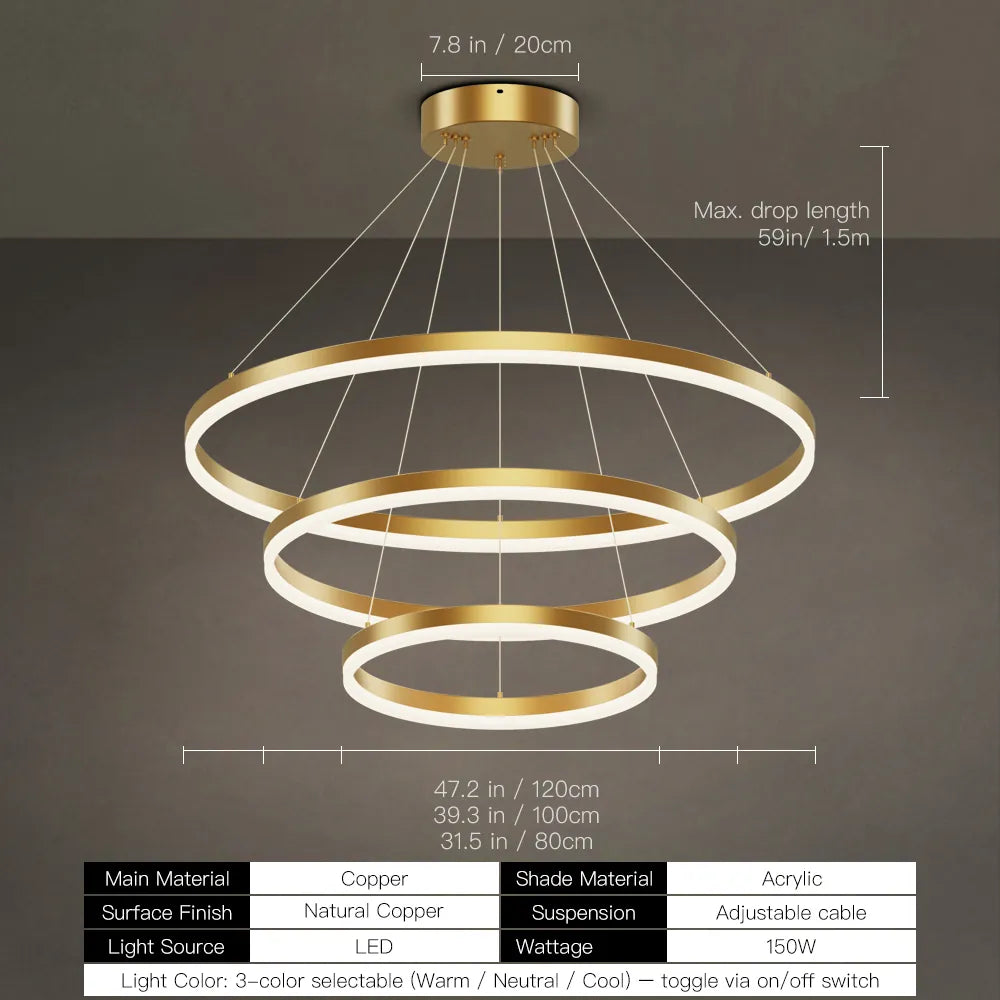 Gold 3-tier LED ring chandelier size chart with 60W, 90W, 120W, 150W and 59 inch max drop