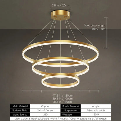 Gold 3-tier LED ring chandelier size chart with 60W, 90W, 120W, 150W and 59 inch max drop