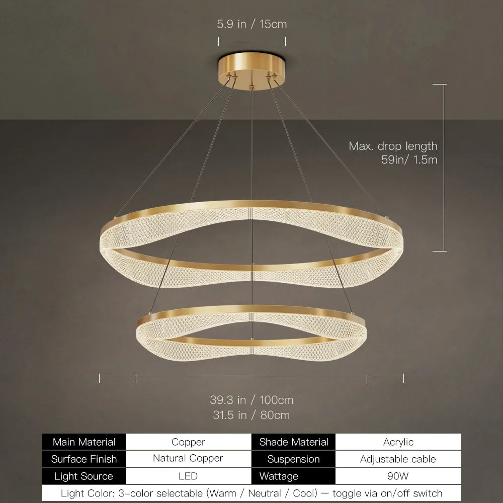 Two Tier Gold Chandelier with Acrylic LED Rings for Dining