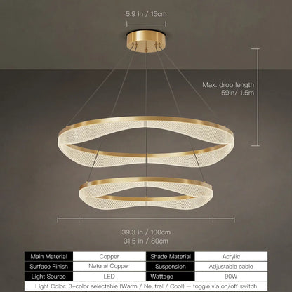 Two Tier Gold Chandelier with Acrylic LED Rings for Dining