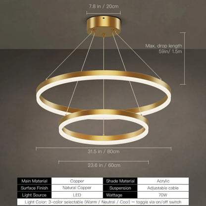 Copper acrylic ring chandelier with adjustable cables and warm LED glow