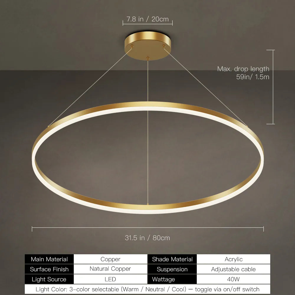Modern Gold LED Ring Chandelier, 3CCT Adjustable Pendant | Hushwing