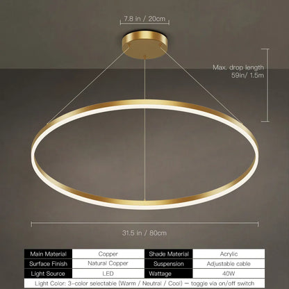 Modern Gold LED Ring Chandelier, 3CCT Adjustable Pendant | Hushwing