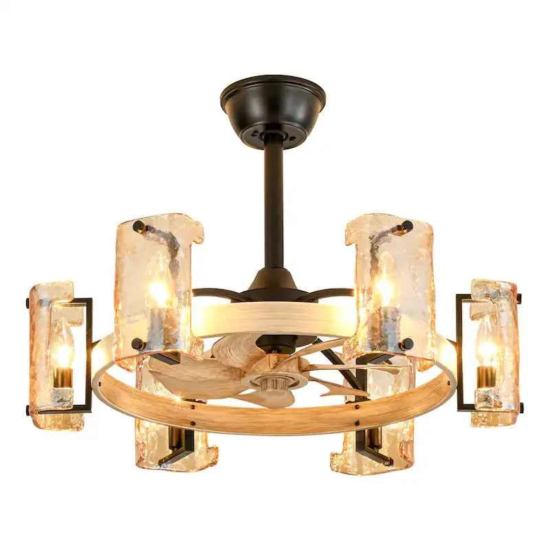 Rustic Farmhouse Wood Finish 6-Light Fandelier with Remote (26.4")