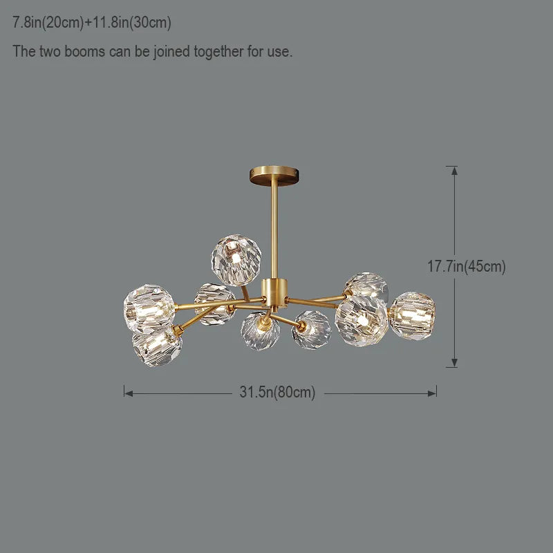 Modern Brass Crystal Sputnik Chandelier | Luxury Multi Light Fan