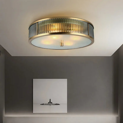 Brushed Brass Ribbed Glass Ceiling Light | Modern Flush Mount Lamp