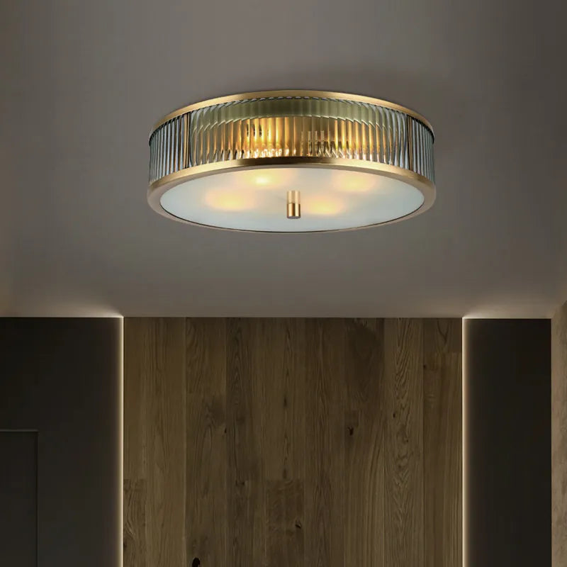 Brushed Brass Ribbed Glass Ceiling Light | Modern Flush Mount Lamp