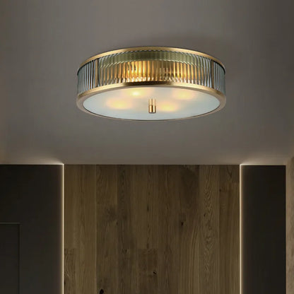 Brushed Brass Ribbed Glass Ceiling Light | Modern Flush Mount Lamp