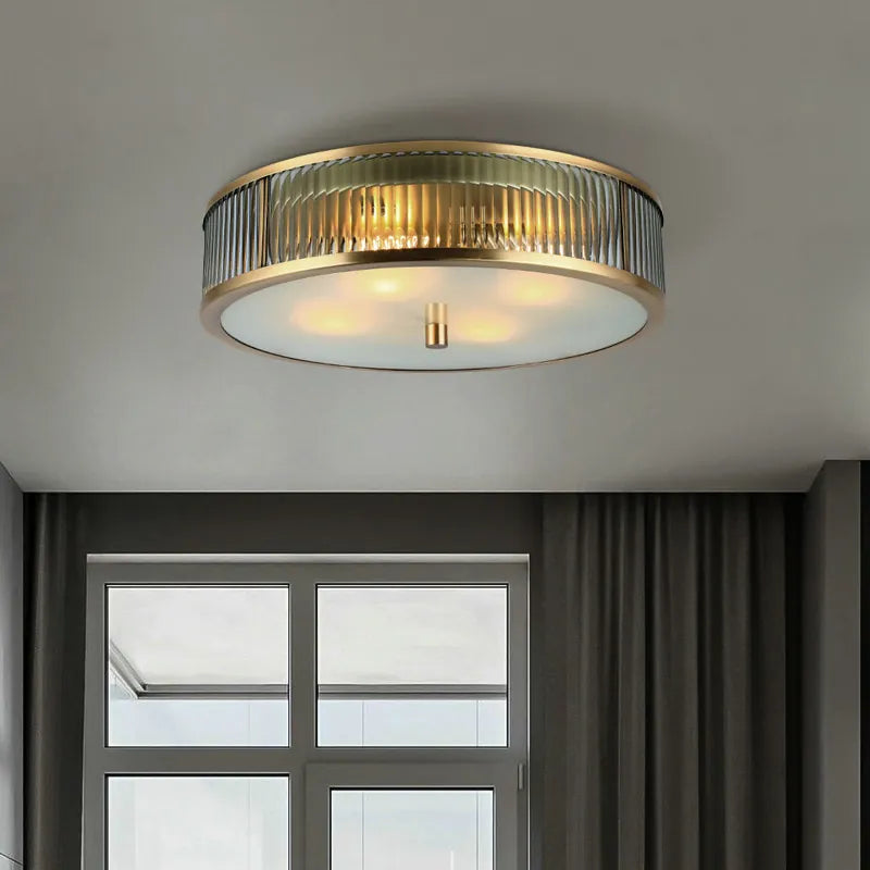 Brushed Brass Ribbed Glass Ceiling Light | Modern Flush Mount Lamp