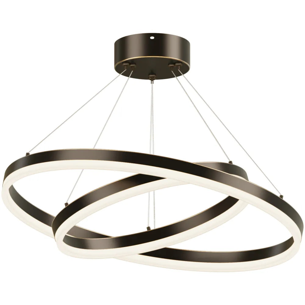Blackened copper double ring LED chandelier with acrylic diffuser on white background