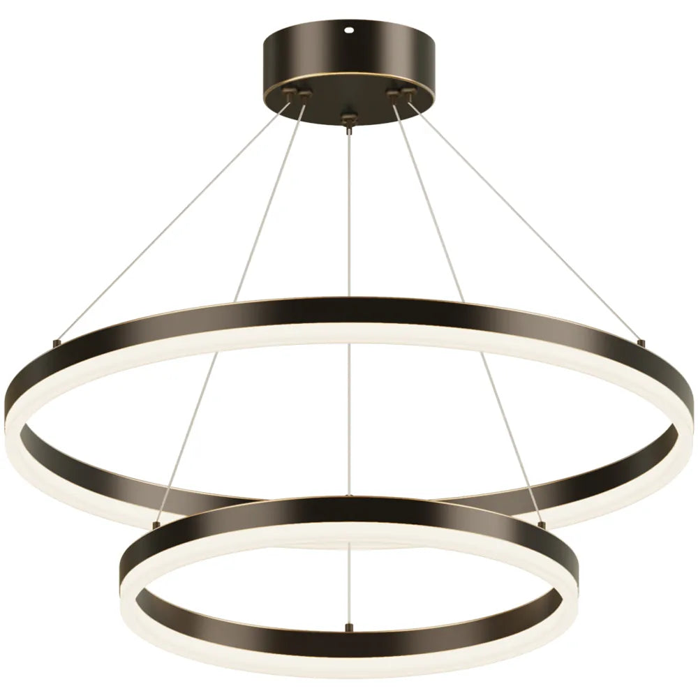 Blackened copper double ring LED chandelier with acrylic diffuser on white background