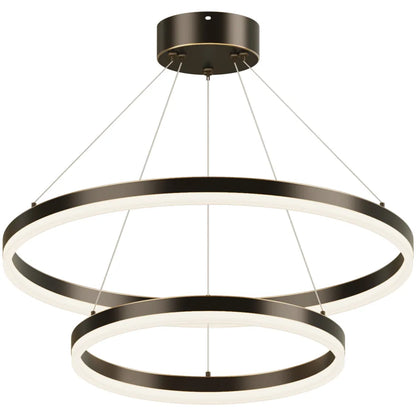 Blackened copper double ring LED chandelier with acrylic diffuser on white background