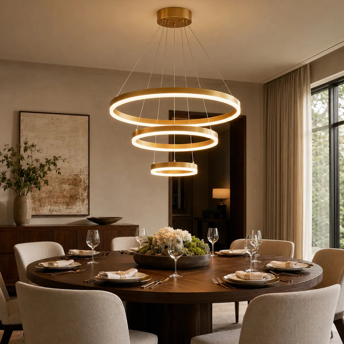 Modern gold LED ring chandelier glowing above a round dining table in a warm apartment dining room