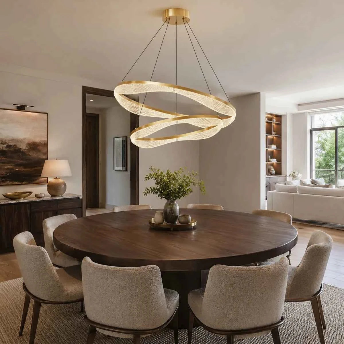 Two Tier Gold Chandelier with Acrylic LED Rings for Dining