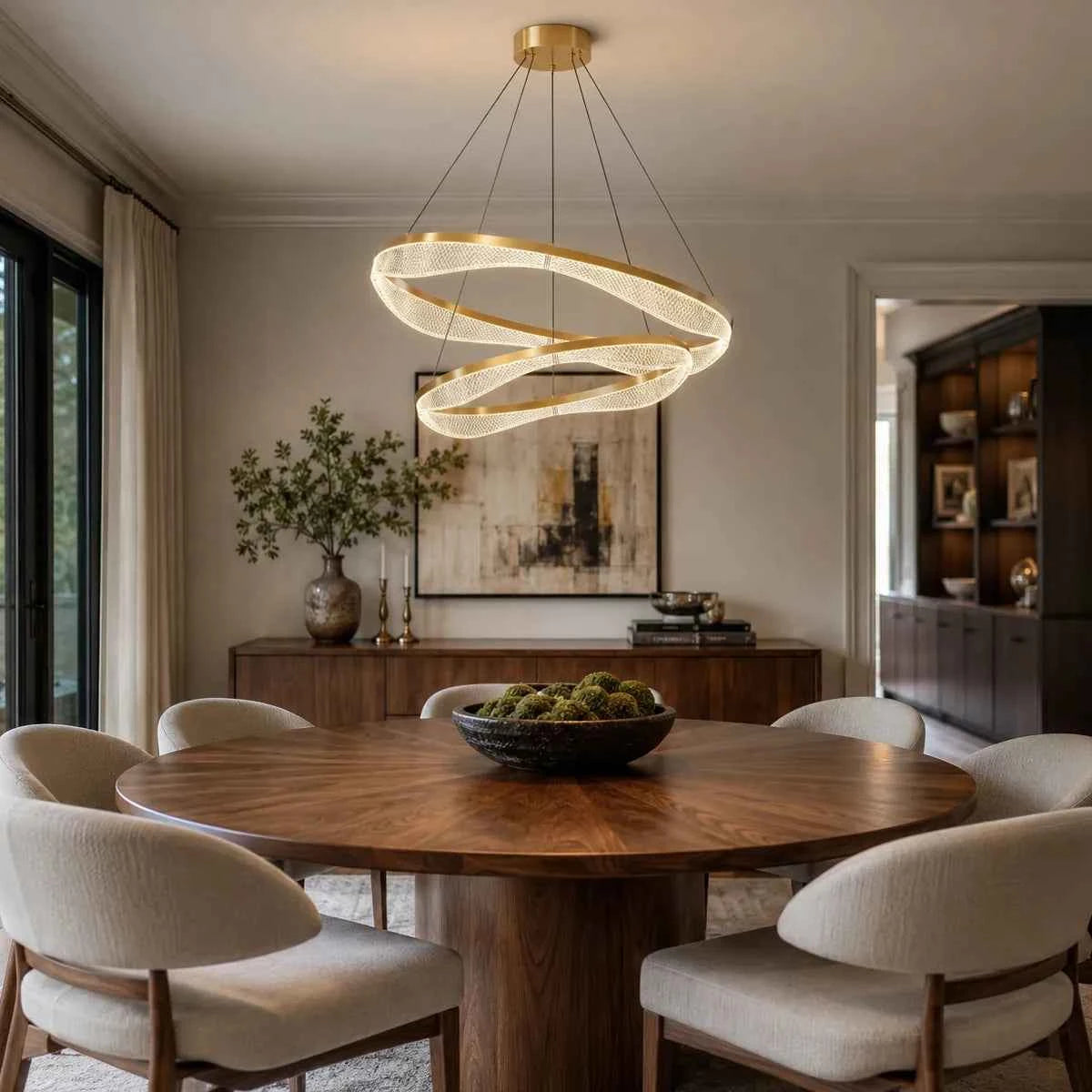 Two Tier Gold Chandelier with Acrylic LED Rings for Dining