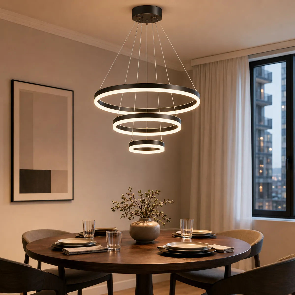 Circular LED chandelier glowing above a round dining table in a modern apartment dining room