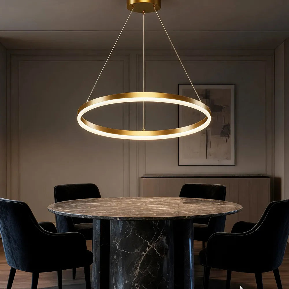 Modern Gold LED Ring Chandelier, 3CCT Adjustable Pendant | Hushwing