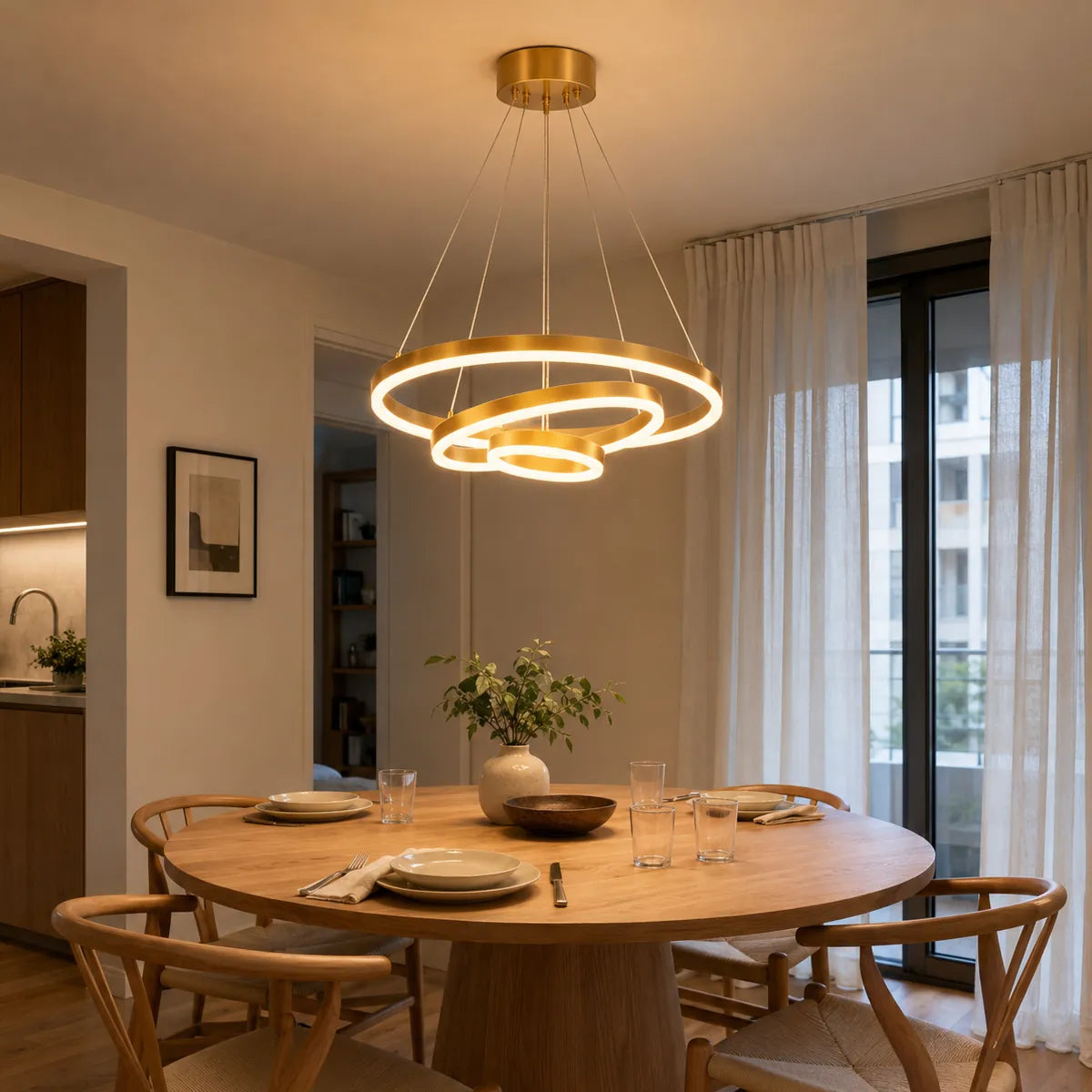 Modern gold LED ring chandelier glowing above a round dining table in a warm apartment dining room